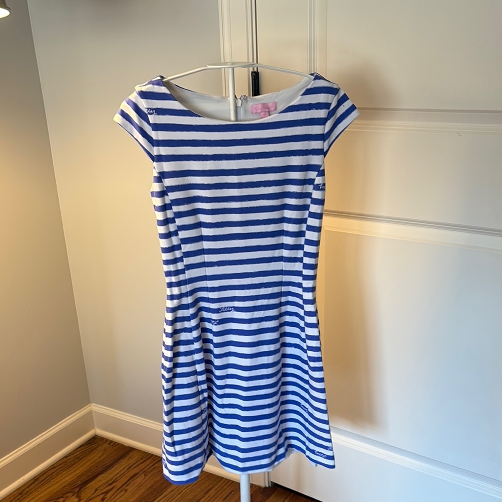 Blue and White Fit and Flare Dress with Cap Sleeves -Gently Used / Very Good
